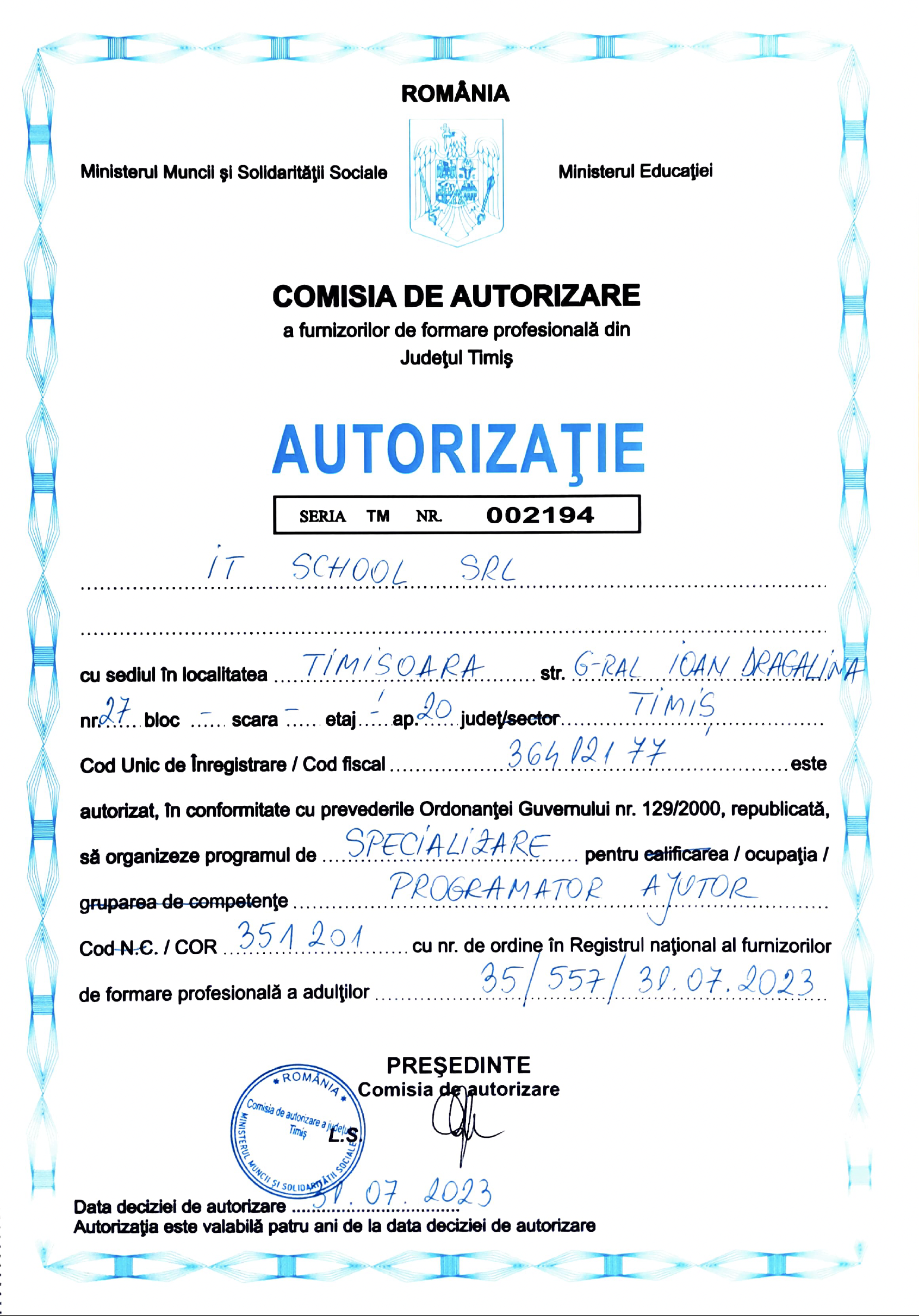 Autorizație - Ajutor Programator