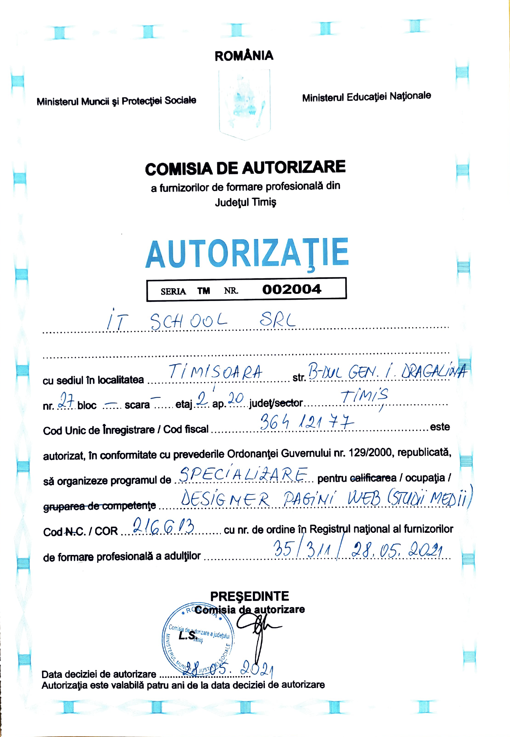 Autorizație - Designer Web