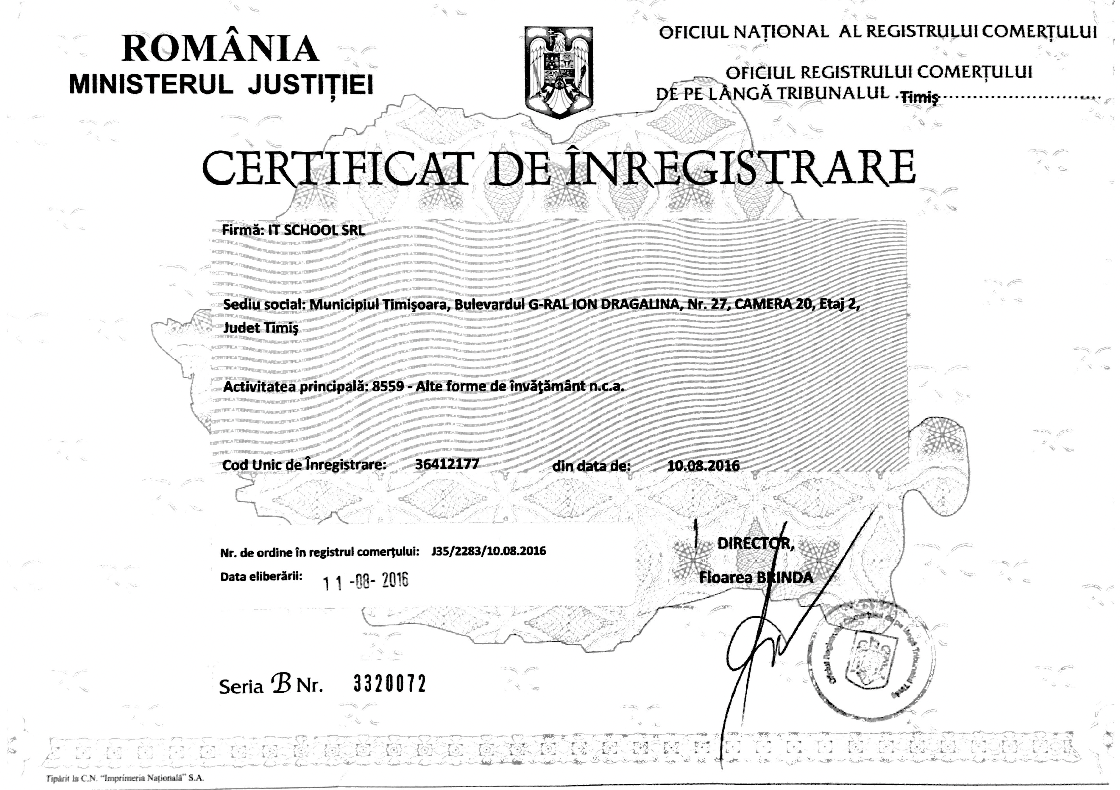 Certificat Înregistrare